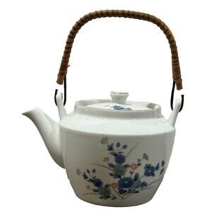 VTG Porcelain Teapot Blue Flowers Wicker Handle- Paint Spackle On Top/Inside